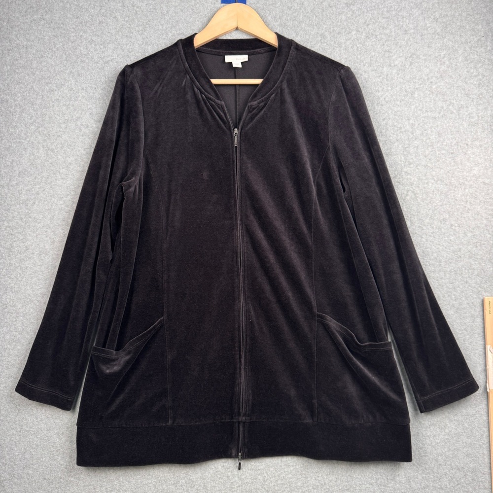Pure Jill Jacket Womens Large Black Velour Pima Cotton Blend Full Zip Sweatshirt